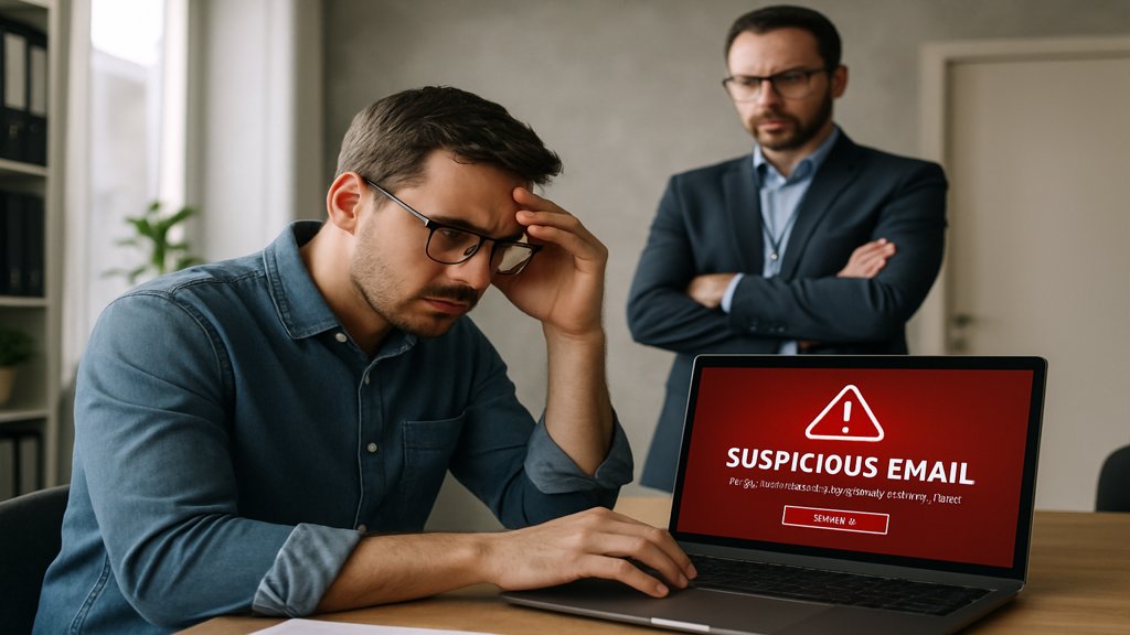 Eine Person überprüft eine verdächtige E-Mail, während ein Sicherheitsberater im Hintergrund steht.