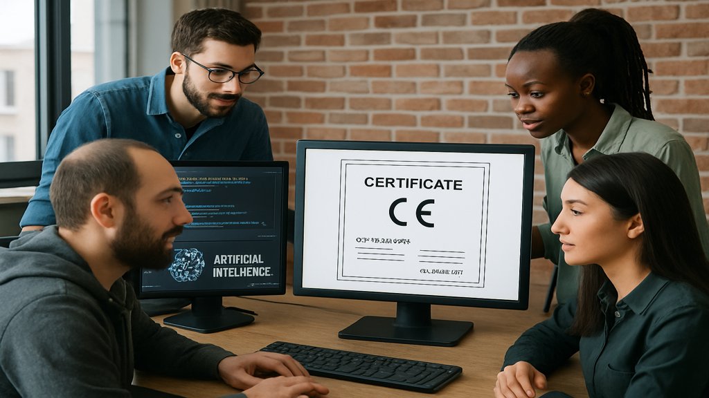 Entwickler arbeiten an einem KI-Projekt mit sichtbarem CE-Zertifikat auf einem Bildschirm.