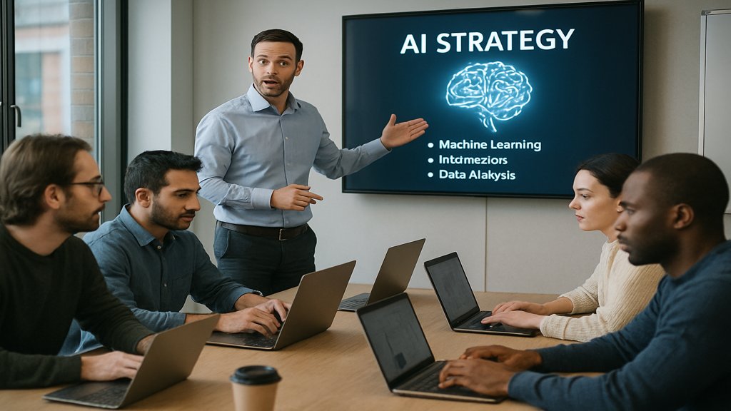 Entwicklergruppe arbeitet an KI-Projekten, Manager hält Präsentation.