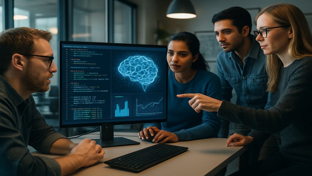 Entwicklerteam arbeitet an einem KI-System mit Datenvisualisierung auf einem Monitor.