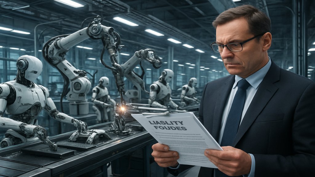 Futuristische KI-Produktionsanlage mit Manager und Haftungsdokumenten.
