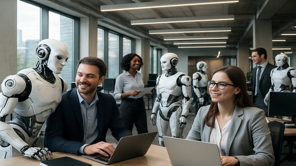 Futuristisches Büro, in dem KI-Systeme mit Menschen zusammenarbeiten.