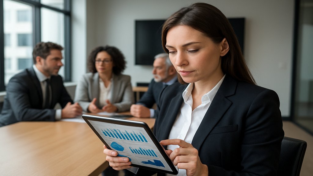 Geschäftsfrau analysiert Daten auf einem Tablet in einem Konferenzraum.