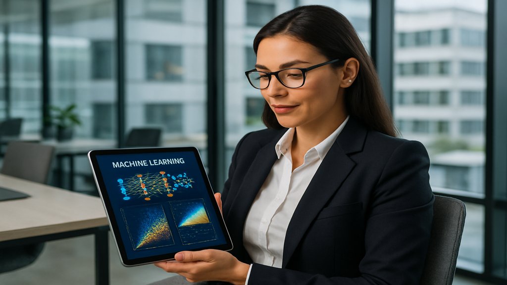 Geschäftsfrau betrachtet Machine-Learning-Visualisierung auf einem Tablet.