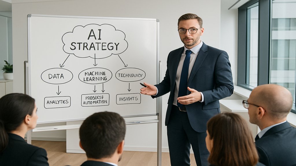 Geschäftsführer erklärt KI-Strategie vor Whiteboard.
