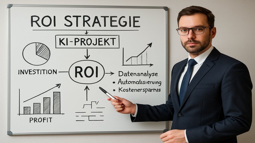 Geschäftsmann präsentiert ROI-Strategie für KI-Projekt.