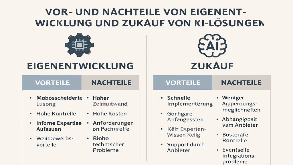 Infografik mit den Vor- und Nachteilen von Eigenentwicklung und Zukauf von KI-Lösungen.