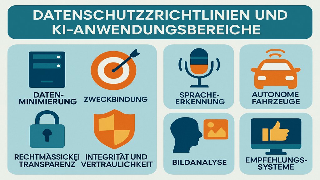 Infografik über Datenschutzrichtlinien und KI-Anwendungsbereiche.