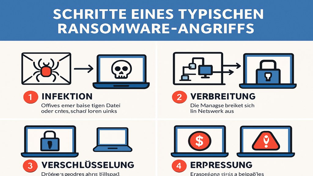 Infografik über die Schritte eines Ransomware-Angriffs.