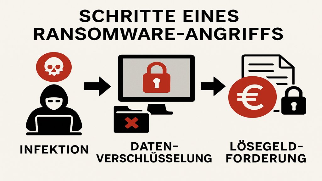 Infografik über die Schritte eines Ransomware-Angriffs.