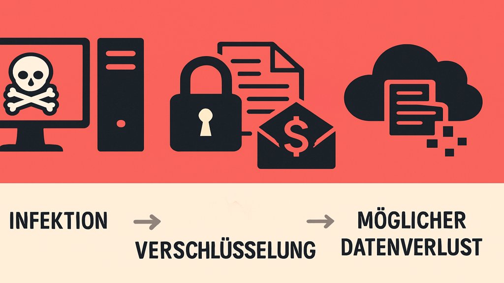 Infografik über die Schritte eines typischen Ransomware-Angriffs.