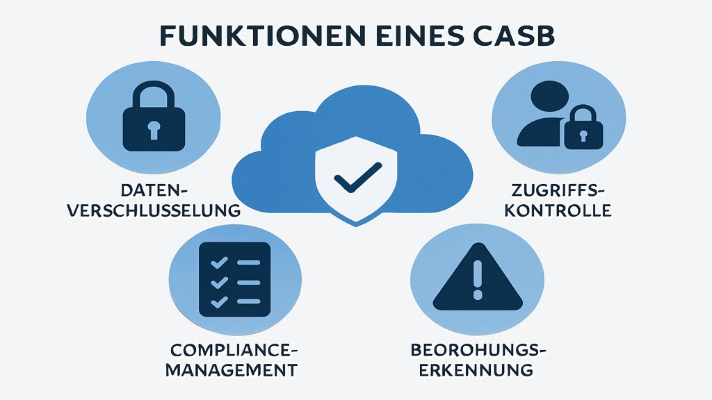 Infografik zu den Funktionen eines CASB: Datenverschlüsselung, Zugriffskontrolle, Bedrohungserkennung und Compliance.
