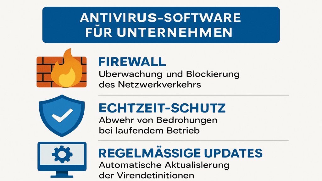 Infografik zu den Funktionen von Antivirus-Software für Unternehmen.