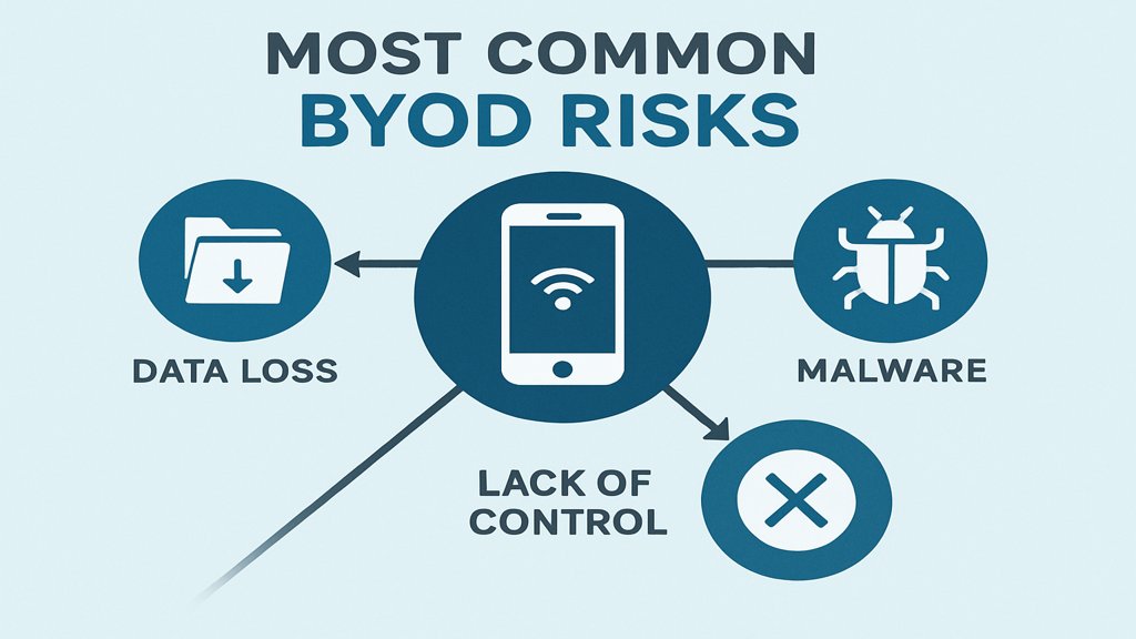 Infografik zu den häufigsten BYOD-Risiken: Datenverlust, Malware, mangelnde Kontrolle.