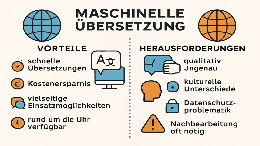 Infografik zu Vorteilen und Herausforderungen der maschinellen Übersetzung.
