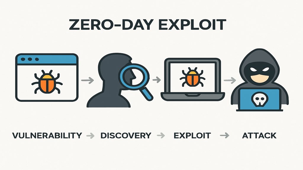 Infografik zum Ablauf eines Zero Day Exploits.