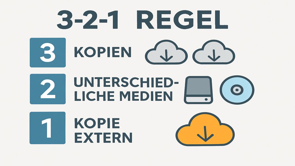 Infografik zur 3-2-1 Backup Strategie mit Medien und externem Speicher.