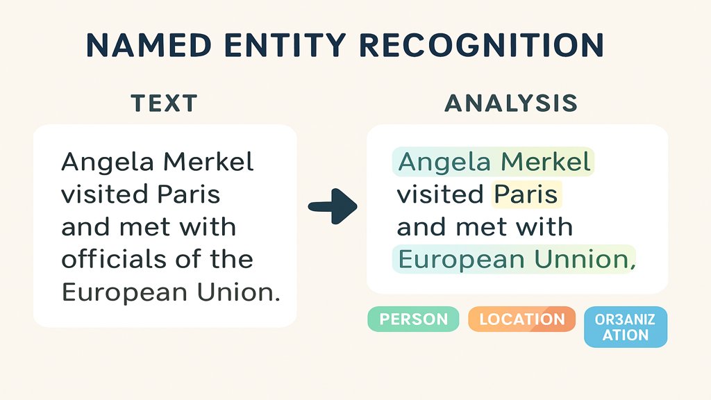 Infografik zur Funktionsweise von Named Entity Recognition mit hervorgehobenen Entitäten.