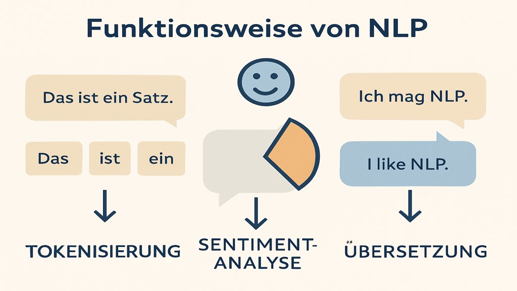 Infografik zur Funktionsweise von NLP mit Tokenisierung und Sentiment-Analyse.