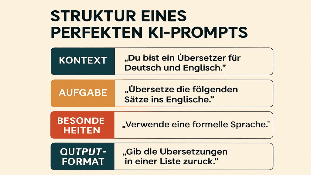 Infografik zur Struktur eines perfekten KI-Prompts.