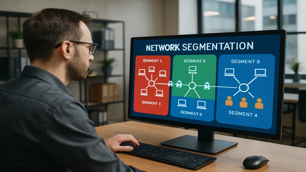 IT-Experte analysiert Netzwerksegmentierung auf einem Monitor.