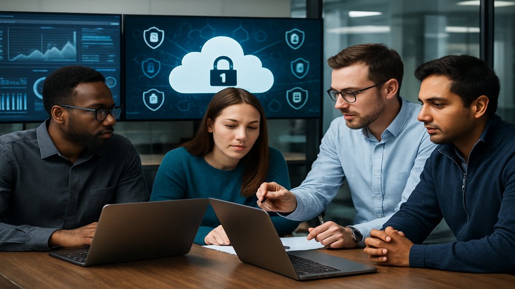 IT-Experten arbeiten gemeinsam an einer Cloud-Sicherheitsstrategie.