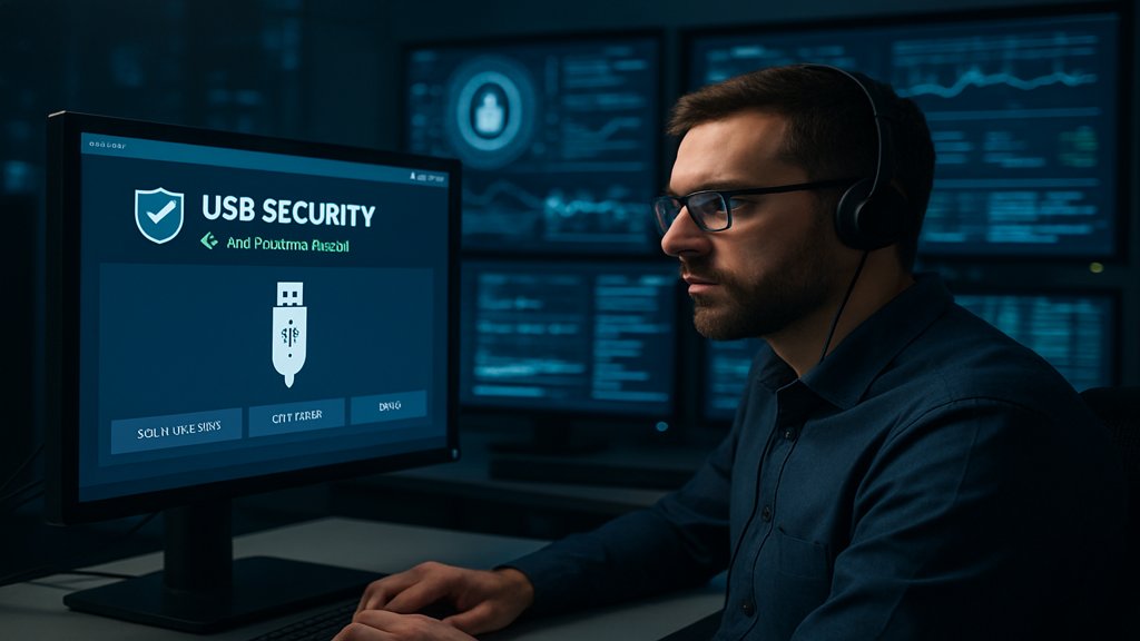 IT-Sicherheitsmitarbeiter überwacht USB-Sicherheitssoftware.