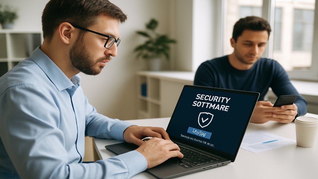 IT-Spezialist installiert Sicherheitssoftware, Mitarbeiter nutzt Smartphone.