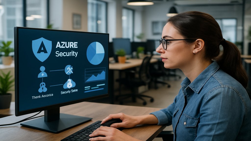 IT-Spezialistin analysiert Azure-Sicherheitsdiagramme auf einem Bildschirm.