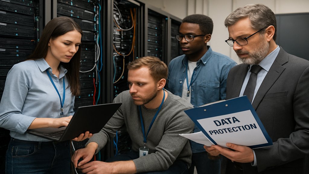 IT-Team arbeitet an Servern unter DSGVO-Richtlinien.