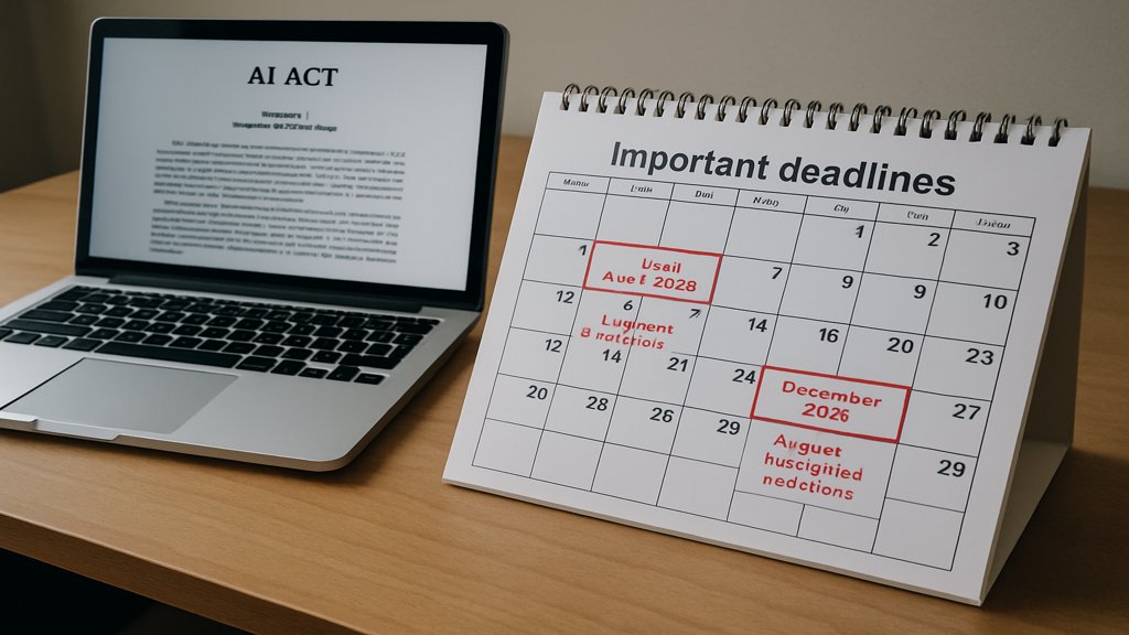Kalender mit markierten Fristen für den AI Act auf einem Schreibtisch.