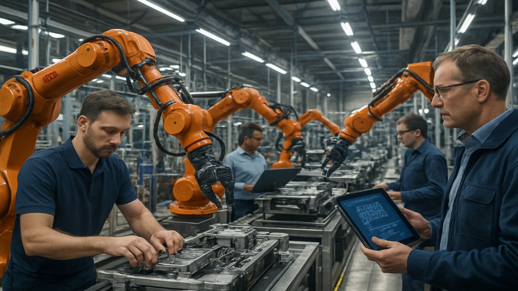 KI-gestützte Produktionsanlage mit Robotern und Menschen in Zusammenarbeit.