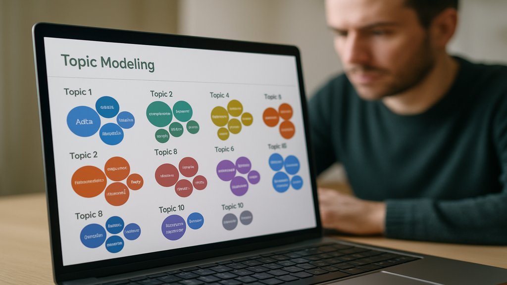 Laptop-Bildschirm mit einer Topic-Modeling-Software und farbigen Themen-Clustern.
