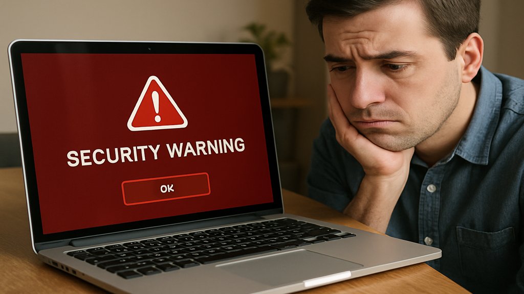 Laptop mit Sicherheitswarnung und besorgte Person daneben.