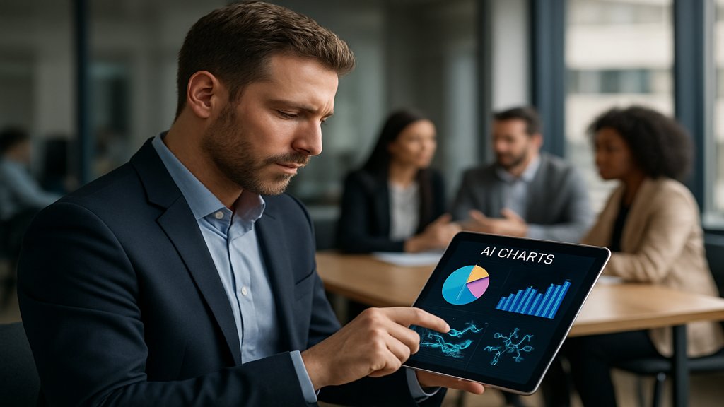 Manager analysiert KI-Daten auf einem Tablet, Team diskutiert im Hintergrund.