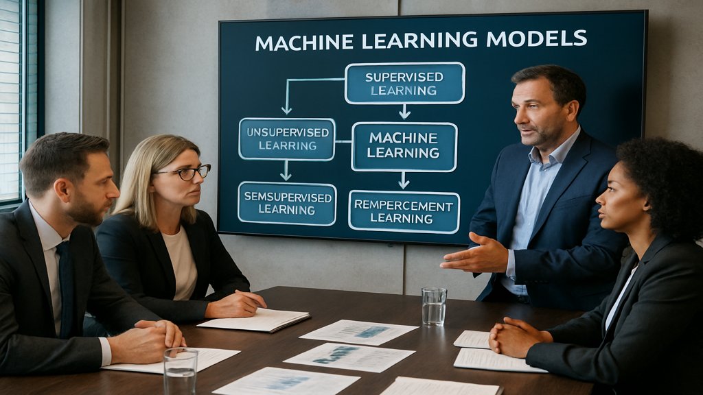 Manager in einem Konferenzraum diskutieren Machine-Learning-Strategien.