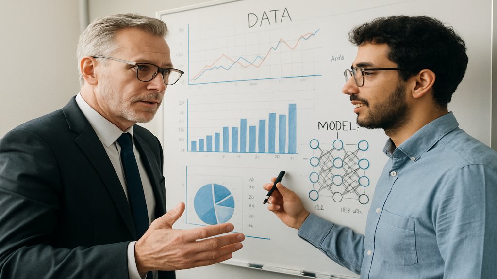 Manager und Data-Scientist arbeiten gemeinsam an Machine-Learning-Modellen.