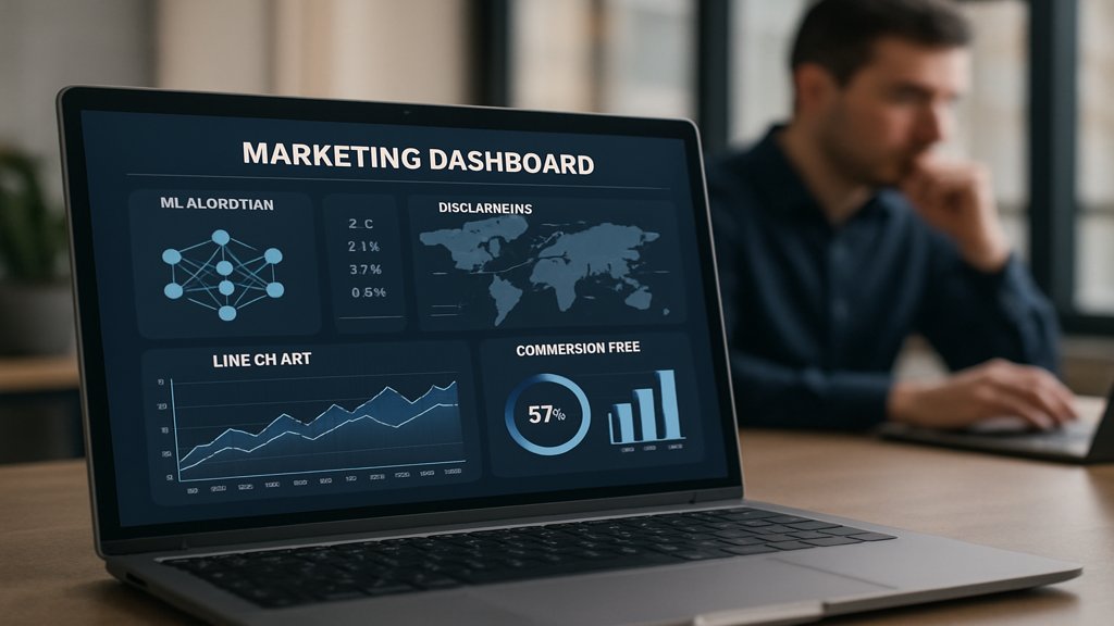 Marketing-Dashboard mit Machine-Learning-Daten und einer Person, die daran arbeitet.