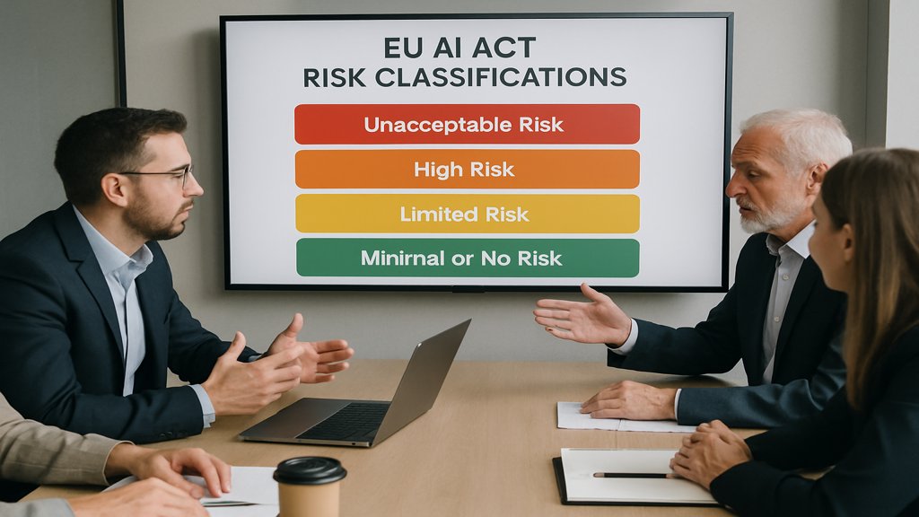 Menschen diskutieren ein Diagramm zu Risikoklassen im EU AI Act in einem Konferenzraum.