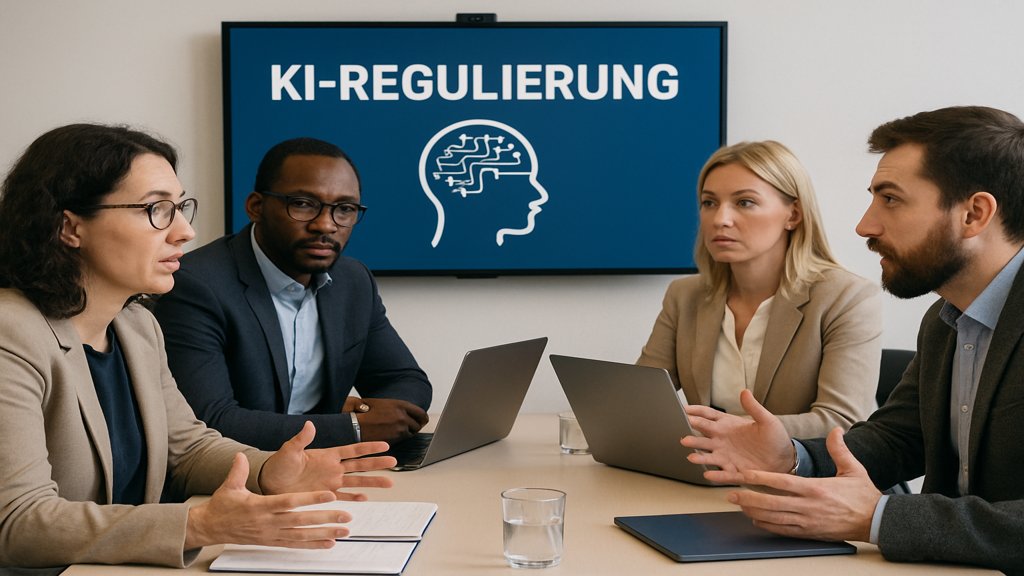 Menschen diskutieren über ethische KI und Regulierung in einem Konferenzraum.