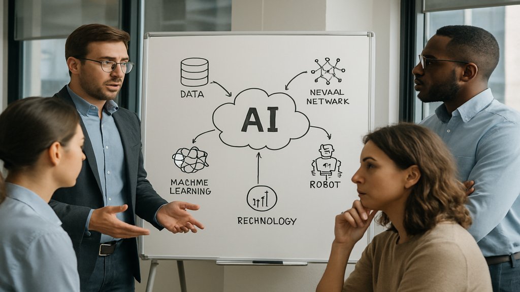 Menschen in einem Büro, die über KI-Technologien diskutieren.