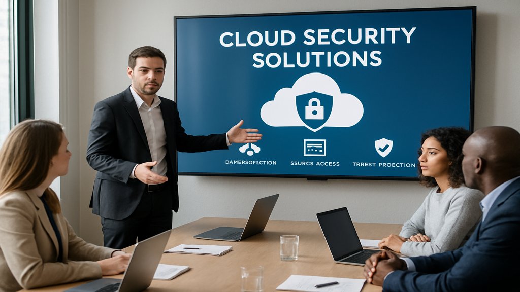 Menschen in einem Konferenzraum bei einer Präsentation über Cloud-Sicherheitslösungen.