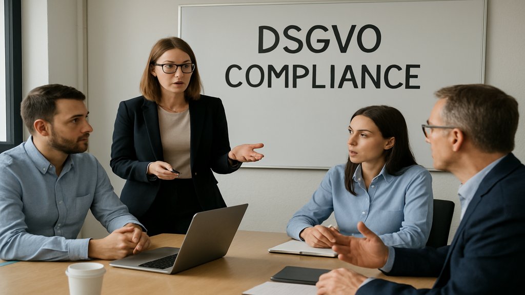 Menschen in einem Meetingraum, die über DSGVO-Compliance diskutieren.