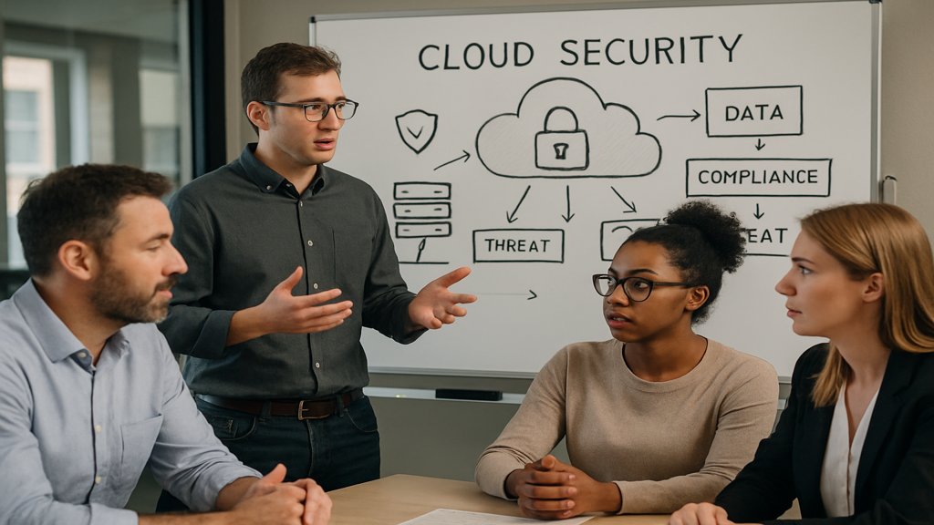 Mitarbeiter diskutieren Sicherheitsstrategien für die Cloud vor einem Whiteboard mit Diagrammen.