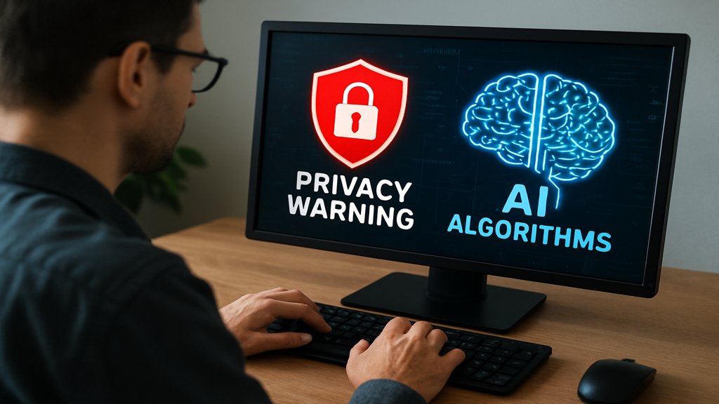 Person am Computer mit Datenschutzwarnung und KI-Algorithmen auf dem Bildschirm.