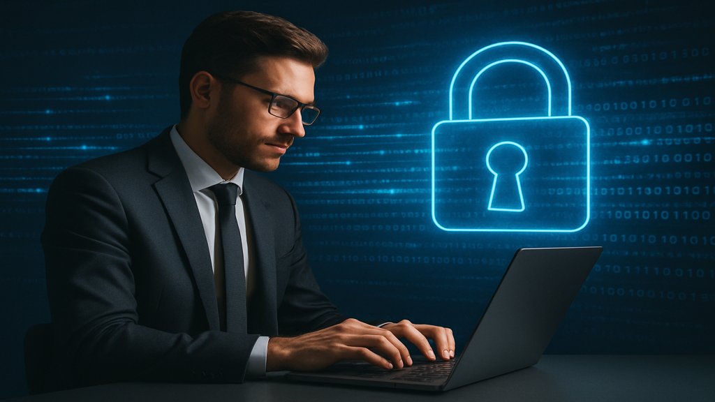 Person arbeitet an einem Laptop mit digitalem Schloss und Datenströmen im Hintergrund.