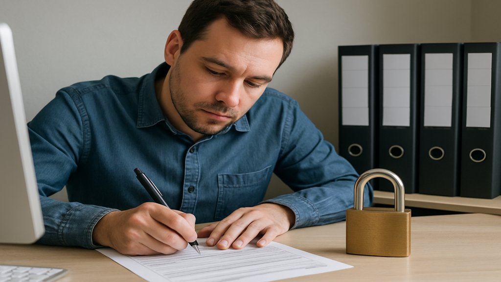 Person füllt ein Formular aus, Symbol für Datenschutz im Hintergrund.
