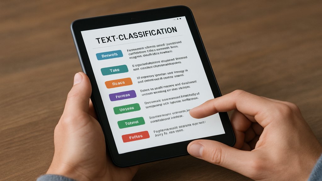Person nutzt ein Tablet für Textklassifikation mit farbigen Labels.