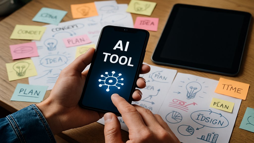 Person nutzt KI-Tool auf Smartphone für Content-Ideen.