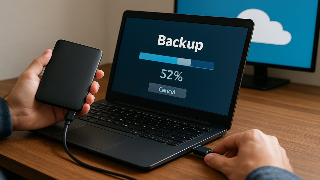Person sichert Daten mit einer externen Festplatte und Cloud-Backup.